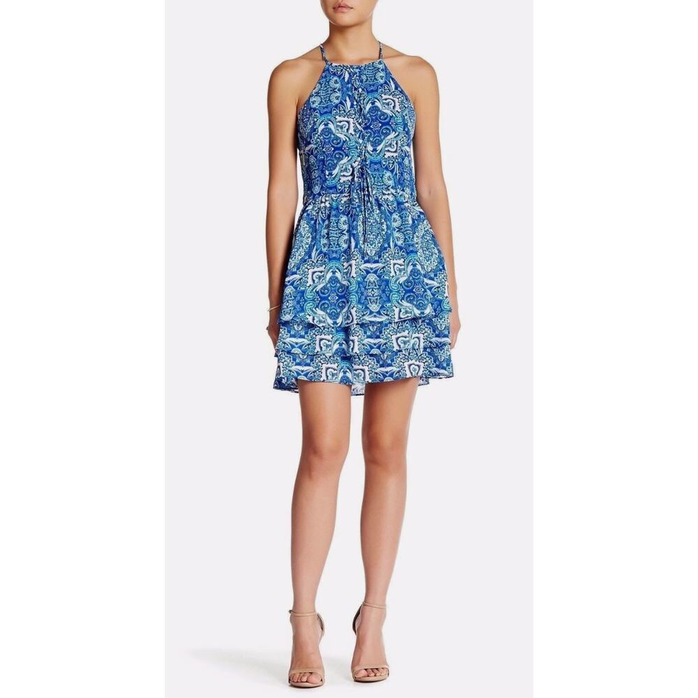 Parker New York Dax Blue Paisley Print Tiered Ruffle Sleeveless Mini Dress XS